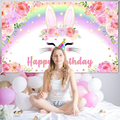 Avezano Bunny Birthday Banner Pink Floral Rainbow Bunny Happy Birthday Party Decorations Bunny Birthday Banner Decorations for Girls Rabbit Spring Easter Birthday Party Supplies 70.8 x 43.3 Inch