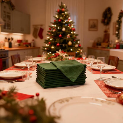 Encasa XO Leaf Green Cloth Napkins Set of 12, 17"x17" | Solid Color Cotton Dinner Napkins | Washable & Reusable Napkins for Dining Table Fall Decoration, Holiday & Christmas Festivals