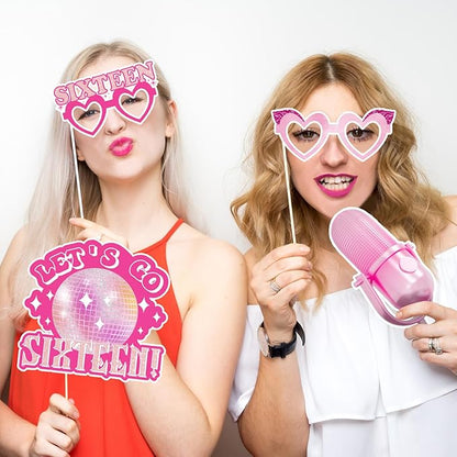 16th Birthday Party Photo Booth Props, Hot Pink Photo Booth Props for Girls 16th Birthday, Sweet Sixteen 16th Happy Birthday Party Decorations Supplies Favors