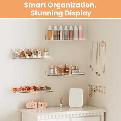 upsimples Acrylic Shelves for Bathroom Storage, 15" Floating Shelves Wall Organizer for Perfume, Make up, Skincare, Kids Bookshelf for Bedroom, Nursery, Living Room Decor, Clear, 4 Pack