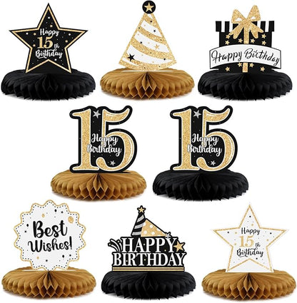 Happy 15th Birthday Decorations,15th Birthday Gold Glitter Shiny Stand Honeycomb Table Centerpieces - Cheers to Fifteen Years Old Birthday Party Photoprop Gift Sign.