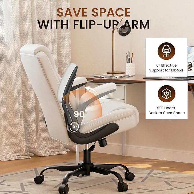GTPLAYER Leather Office Chair, Home Desk Chair with Flip-up Arms and Ergonomic Back - Comfy Heavy Duty Executive Chair for Home Office Gaming, White