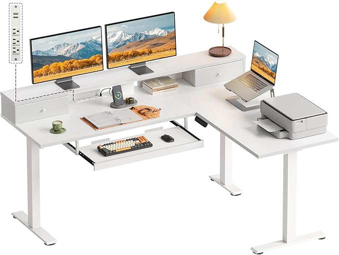 OffiGo 59 Inch L Shaped Electric Standing Desk with Drawers, Height Adjustable Corner Computer Desk with Keyboard Tray & Monitor Stand, Stand Up Table for Home Office Workstation, White