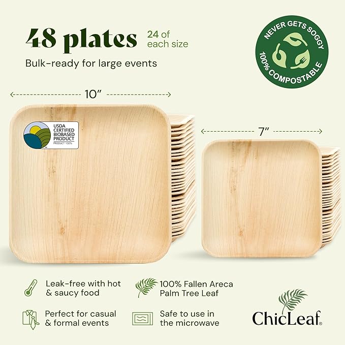 Chic Leaf Compostable & Biodegradable Palm Leaf Disposable Bamboo Plates - Disposable Party Plates for Appetizers - Thanksgiving Dinner, Camping Essentials - Reusable Supplies (10 & 7 Inch Square)