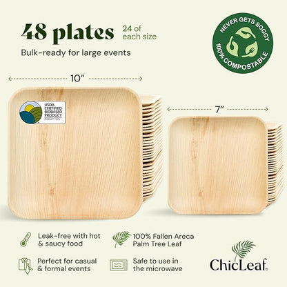 Chic Leaf Compostable & Biodegradable Palm Leaf Disposable Bamboo Plates - Disposable Party Plates for Appetizers - Thanksgiving Dinner, Camping Essentials - Reusable Supplies (10 & 7 Inch Square)