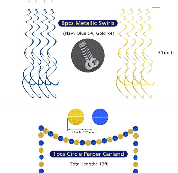 Navy Blue Birthday Decorations with Happy Birthday Banner, Paper Honeycomb Balls, Circle Garland and Hanging Swirl Decorations