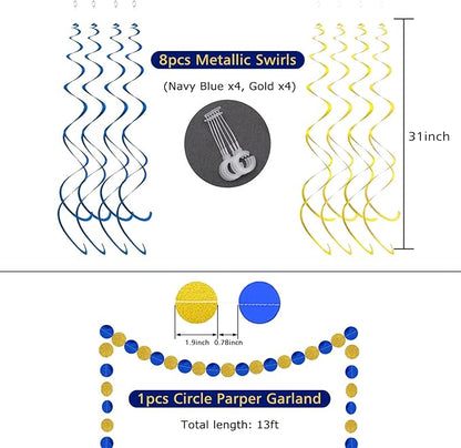 Navy Blue Birthday Decorations with Happy Birthday Banner, Paper Honeycomb Balls, Circle Garland and Hanging Swirl Decorations