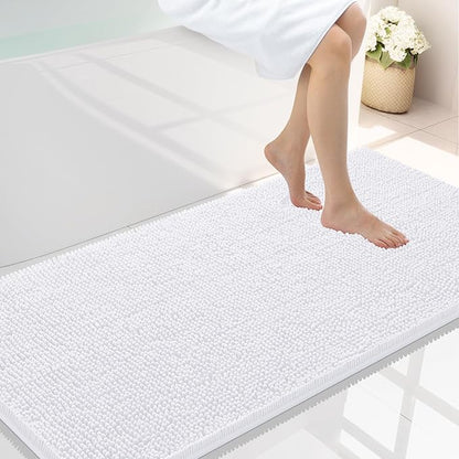Smiry Luxury Chenille Bathroom Rugs 45x27, Extra Soft and Absorbent Shaggy Bath Mat, Machine Washable, Non-Slip Plush Carpet Runner for Tub, Shower, and Floor, Home Decor Accessories, White
