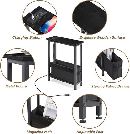 Slim Charging End Table with Storage - for Small Spaces and Bedroom (Black)