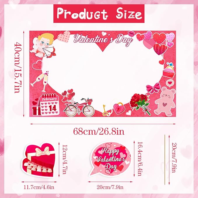 24 Pcs Valentine's Day Photo Booth Props Decor, Valentine's Day Photo Prop Frame and 23 Pcs Valentine Day Photo Booth Props for Happy Valentines Themed Party Supplies Decoration