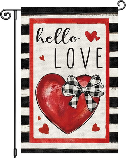 Louise Maelys Valentine's Day Garden Flag Hello Love Heart 12x18 Inch Double Sided Flower Welcome Small Burlap Spring Holiday Yard Outdoor Outside Home House Decoration