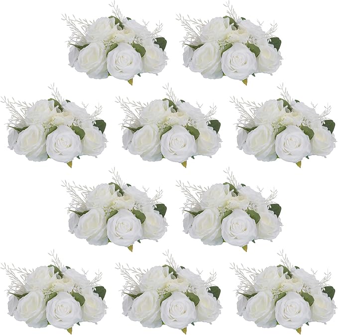 NUPTIO White Flower Centerpieces for Tables: 10 Pcs Artificial Rose Fake Floral Ball Arrangement for Wedding Party Centerpiece Decorations 9.4 Inch Diameter