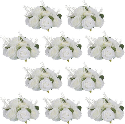 NUPTIO White Flower Centerpieces for Tables: 10 Pcs Artificial Rose Fake Floral Ball Arrangement for Wedding Party Centerpiece Decorations 9.4 Inch Diameter