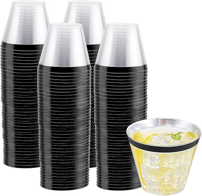 WELLIFE 120 PCS Black Plastic Cups,Disposable Cocktail Glasses,Plastic Wine Glasses Disposable,9 oz Clear Cups for Party and New Year