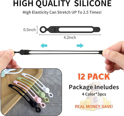 [12Park]UMUST Silicone Cable Ties, Reusable Cable Management Organizer, Cord Tie,Multipurpose Elastic Cord Organizer for Bundling and Fastening Cable Cords Wires(black,white,pink,green)