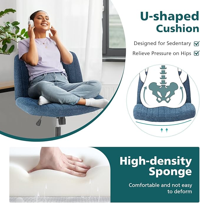 OLIXIS Criss Cross Chair with Wheels Wide Cross Legged Office Desk Vanity Chair Comfy Fabric Armless Adjustable Swivel for Home Computer Task Blue