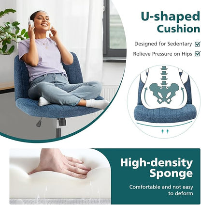 OLIXIS Criss Cross Chair with Wheels Wide Cross Legged Office Desk Vanity Chair Comfy Fabric Armless Adjustable Swivel for Home Computer Task Blue