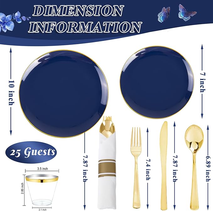 KIRE 175Pcs Blue Plastic Plates - Navy Blue Plates Disposable - 25 for Dinner 25 for Dessert 25 Pre Rolled Napkins with Gold Plastic Silverware and 25 Cups for Hanukkah/Birthday Party/Wedding