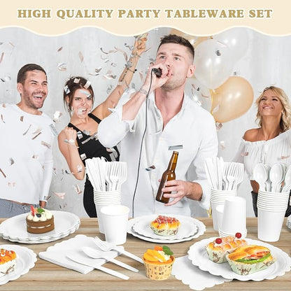 Vyntra 350 PCS Disposable Plates for Party, Paper Plates & Napkins Set with Cups, Knives, Forks, Spoons, 7'' Dessert and 9'' Dinner Plates for Wedding, Birthday, New Year’s Eve, Christmas - White