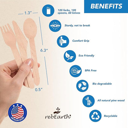 rebEarth 300 PCS disposable 120 Forks 120 Spoons 60 Knives All Natural Eco-Friendly Heavyweight Cutlery Set 6.3" - Durable, Heat Resistant - Perfect Alternative to Plastic for Every Occasion