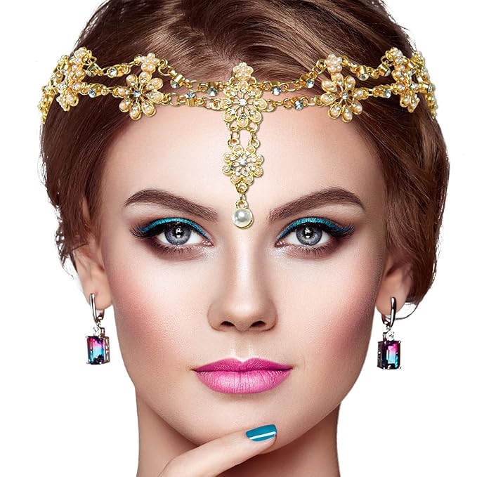 Head Chain Jewelry Headband Crystal Bohemian Hair Accessories with Peal Women Head Chains Forehead Chain Rhinestone Headpieces with Drop Pendant