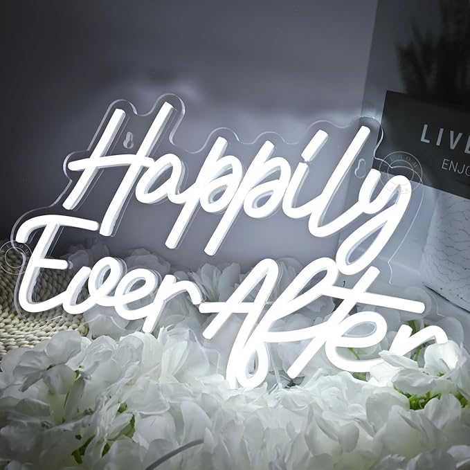 SYLHOME Happily Ever After LED Neon Light Sign Wedding Party Birthday Neon Art Wall Sign Decor USB Bedroom Home Bar Pub Decor Night Light 5V Cold White 15.8"X9.2"