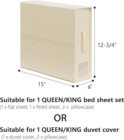 SheetCube Bed Sheet Organizers and Storage 4 Pack, Foldable Linen Closet Organizer with Window and Label, Bedding Folder Storage Box Container for Blanket, Duvet Cover Set, Bed Sheet Set - Beige