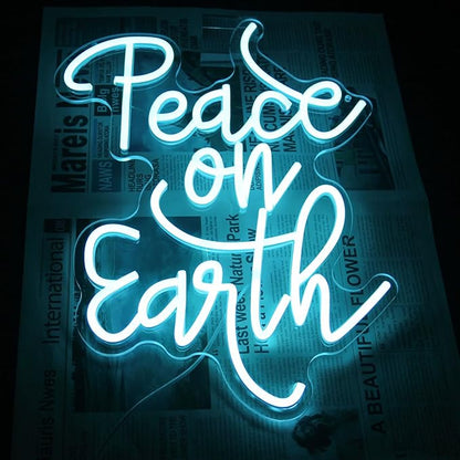 Peace on Earth Neon Sign Ice Blue Letter LED Neon Light Dimmable Neon Light Up Signs for Bedroom Man Cave Church Christmas Party Decor Blessing Gift