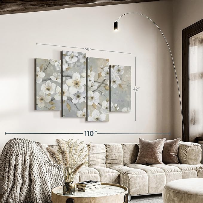 ElephantStock Golden Garden Wall Art - Horizontal Canvas - 4-Piece Living Room Wall Decor - Leaves Painting Canvas Print - Gray and Beige Decor for Wall by Nan - 68" X 42"