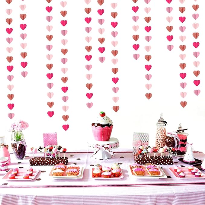 Rose-Gold Hot-Pink Party-Decorations Heart Garland - 39Ft 3D Wedding Bridal Shower Hanging Paper Streamers Banner,Baby Girl Birthday Bachelorette Engagement Mohters Brunch Decor Ouruola