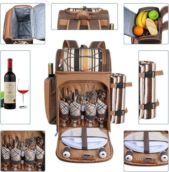 Hap Tim Picnic Basket Backpack for 4 Person with Insulated Leakproof Cooler Compartment, Wine Holder, Fleece Blanket, Cutlery Set, Wedding Gifts for Couples, Engagement Gifts