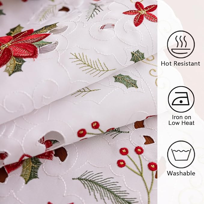 Joyfol Day Christmas Florals Table Runner 14 x 59 Inch, Embroidered Cutwork Poinsettia Holly Leaves Table Runners, Winter Holiday Flowers Tabletop for Xmas Party Decorations
