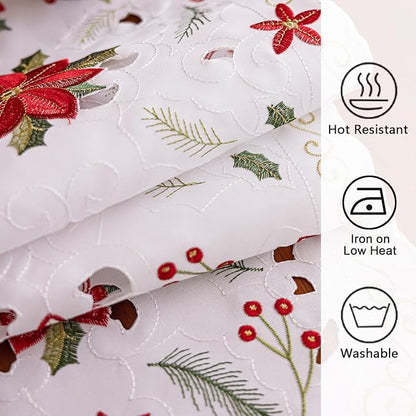 Joyfol Day Christmas Florals Table Runner 14 x 59 Inch, Embroidered Cutwork Poinsettia Holly Leaves Table Runners, Winter Holiday Flowers Tabletop for Xmas Party Decorations