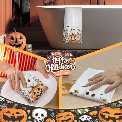 Halloween Ghost Pumpkin Kitchen Towels, Fall Floral Halloween Dish Tea Towels for Kitchen Decor, Rustic Autumn Wildflower Botanical Decorative Hand Towel for Bathroom, 16x24 Inches