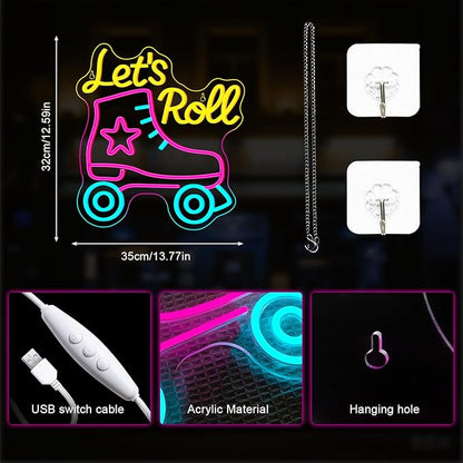Lucunstar Let's Roll Neon Sign Roller Skating Neon Dimmable Led Sign Party Wall Decor Neon Light up Signs for Roller Skates Store Club Sports Venues Sign Player Room Gift