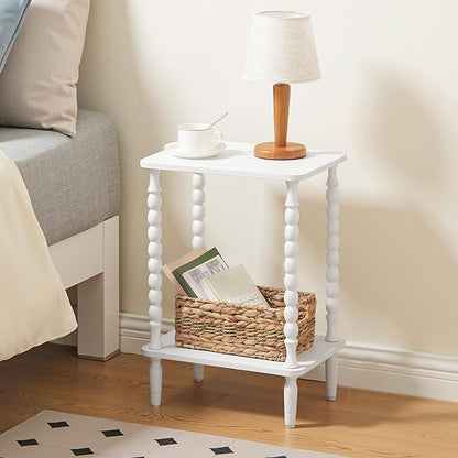 HOOBRO End Table, 2-Tier Small Side Table with Spindle Legs, Nightstand with Storage Shelves, Sofa Side Table, for Small Space, Living Room, Bedroom, White WT189BZ01