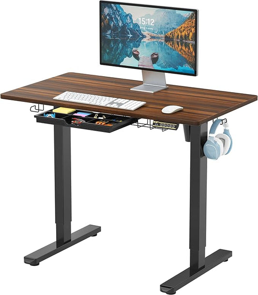SHW 40-Inch Electric Height Adjustable Standing Desk with Drawer, Memory Preset and Cable Management Tray, Walnut