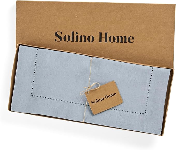 Solino Home Linen Table Runner 120 Inches Long - 100% Pure Linen Dusty Blue Table Runner 14 x 120 Inch for Fall, Autumn - Classic Hemstitch
