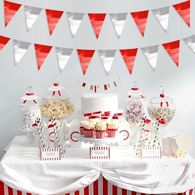 65FT Red Silver Glitter Triangle Pennant Banner Flag Metallic Bunting Fabric Garland for Christmas Graduation Wedding Engagement Anniversary Bachelorette Bridal Shower Valentine's Party Supplies
