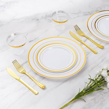 Goodluck 420 Pieces Gold Disposable Plates for 70 Guests, Plastic Plates for Party, Dinnerware Set of 70 Dinner and 70 Dessert Plates, 70 Spoons, 70 Forks, 70 Knives, 70 Cups