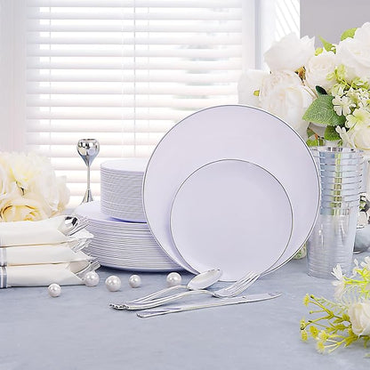KIRE 350 PCS Plastic Dinnerware Set for 50 Guests, Silver Plastic Plates Include 50 Dinner, 50 Dessert Plates, 50 Pre Rolled Napkins with Silverware, 50 Cups for Wedding, Party, Banqet, Christmas