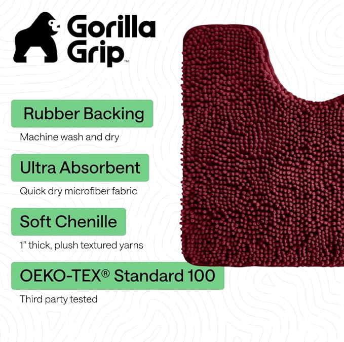GORILLA GRIP Bathroom Rug Sets, Soft Chenille 2 Piece Area Rugs Set, Toilet Base Mat and 30x20 Carpet, Absorbent Microfiber Washable Mats Dry Quickly, Home Décor and Bath Room Accessories, Burgundy