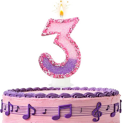 Birthday Number Candles for Cake, Pink Purple Glitter Number Candles for Cake Toppers, Ideal Birthday Parties Cake Decor, Wedding Anniversary and Other Celebrations (3 Candle)