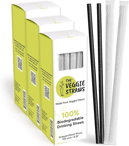 – 300 PCS of 8.25 Inches Individually Wrapped Black Biodegradable Straws – Made of Vegetable Fibers, Best Environment Friendly Drinking Straws for Hot and Cold Beverages