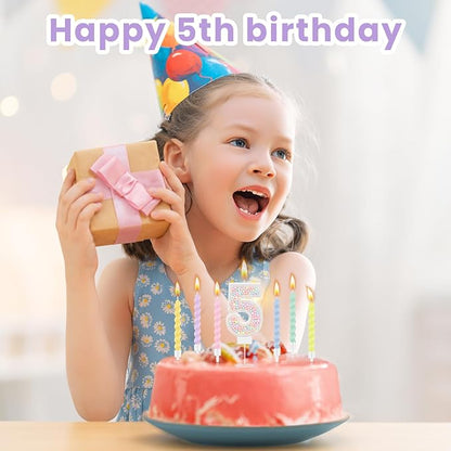 MTLEE Number 5 Birthday Candle with 12 Pcs Spiral Candles for Girls Macaron Pastel Rainbow Unicorn Pink Cake Topper for Sweet Theme Party Decoration
