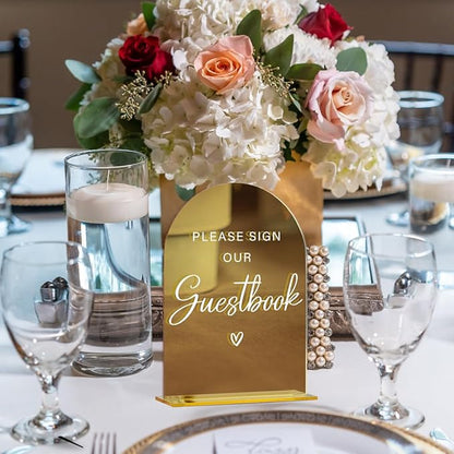 Acrylic Wedding Sign, Bridal Shower Decorations, Please Sign Our Guestbook Sign for Ceremony, Modern Font Table Signs, Gold Mirror Arched Acrylic Tabletop Signs for Wedding Reception and Event Party