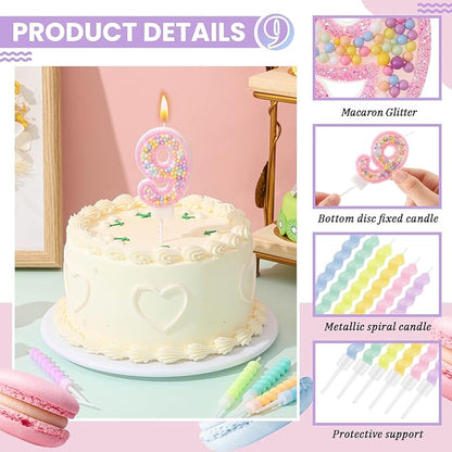 MTLEE Number 9 Birthday Candle with 12 Pcs Spiral Candles for Girls Macaron Pastel Rainbow Unicorn Pink Cake Topper for Sweet Theme Party Decoration