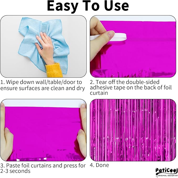 Thicken Hot Pink Streamers 4 Pack 3.2x8.2 FT, Pink Birthday Decrorations Tinsel Backdrop Curtains, Foil Fringe Photo Backdrop for Bachelorette, Graduation, Summer Hawaiian Party Decorations