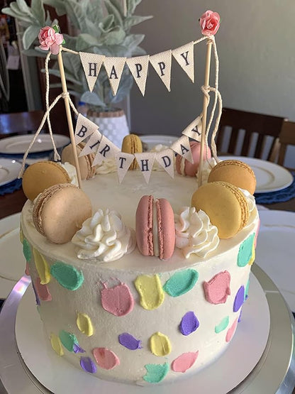 Happy Birthday Cake Bunting Topper Cake Topper Garland, Handmade Pennant Flags with Wood Pole Ivory (With Pink Rose)