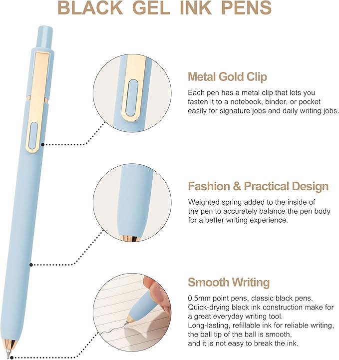 Linbsunne Gel Pens Black Ink Pens for Office 0.5mm Fine Point Pen Smooth Writing Retractable (Morandi-10 pcs)